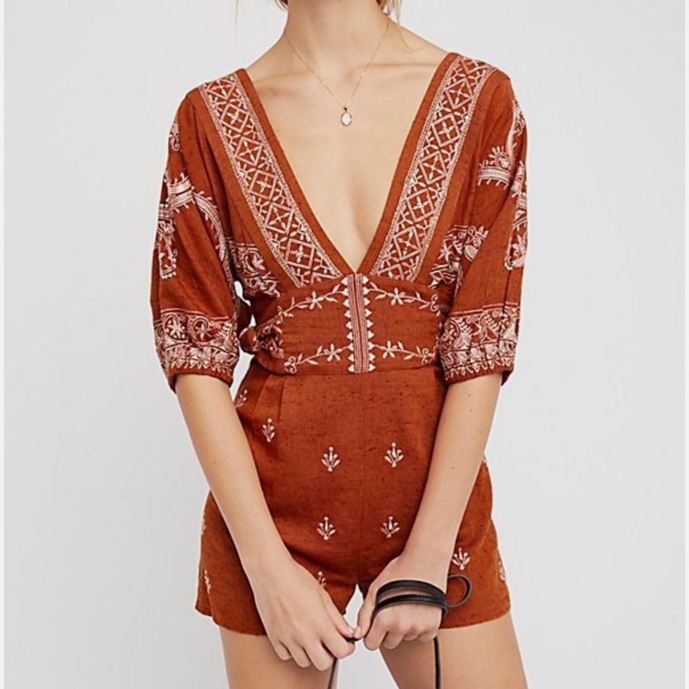 Free People Bohemian Brown Embroidered Women's Romper xs - Picture 6 of 7